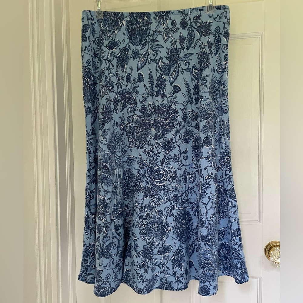 JM Collection Blue and White linen A-Line Midi Skirt